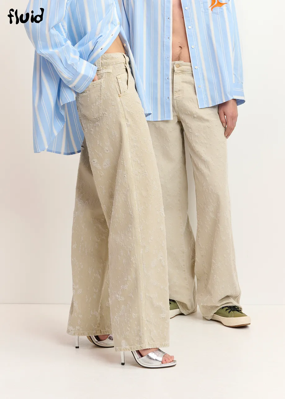Ecru denim distressed wide-leg jeans