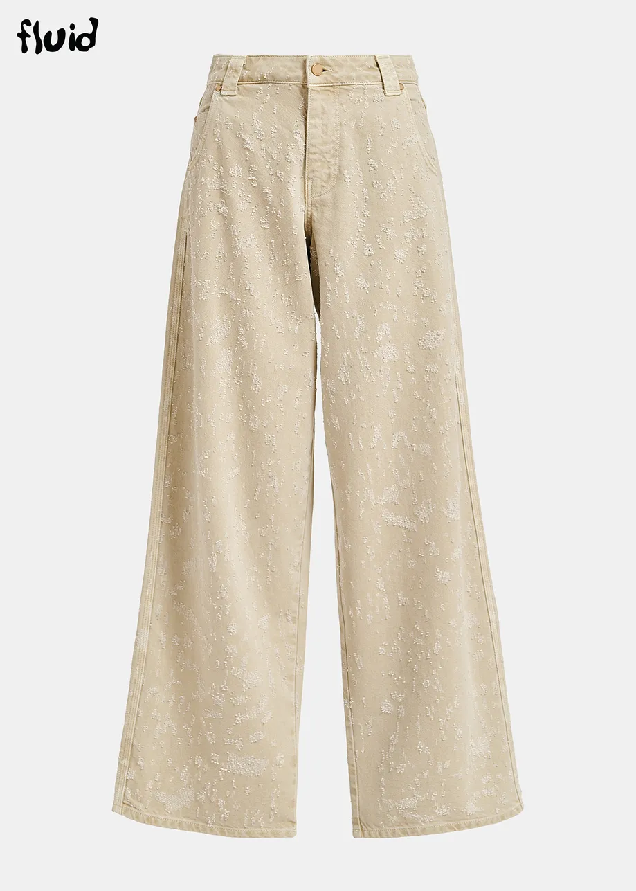Ecru denim distressed wide-leg jeans