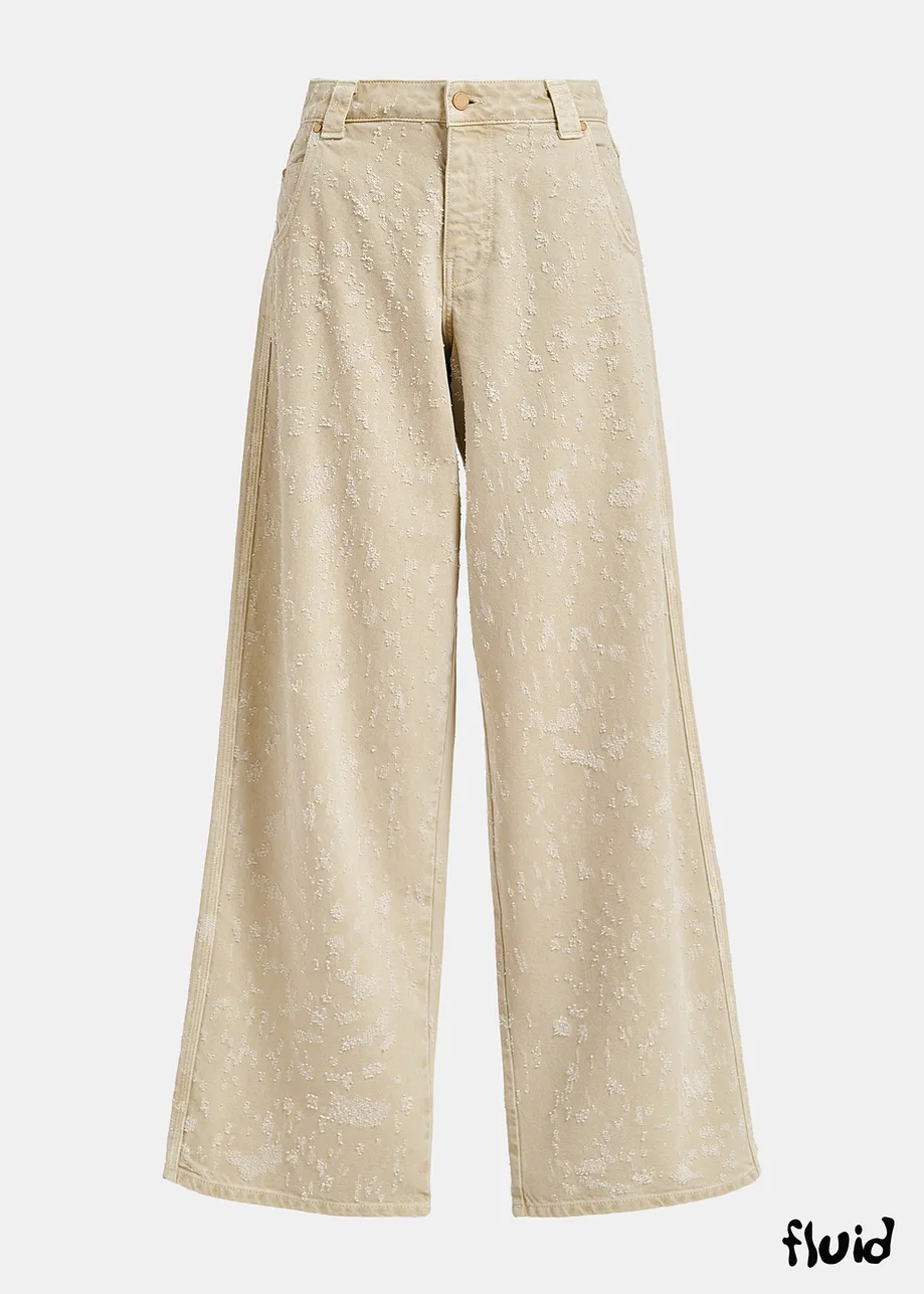 Ecru denim distressed wide-leg jeans