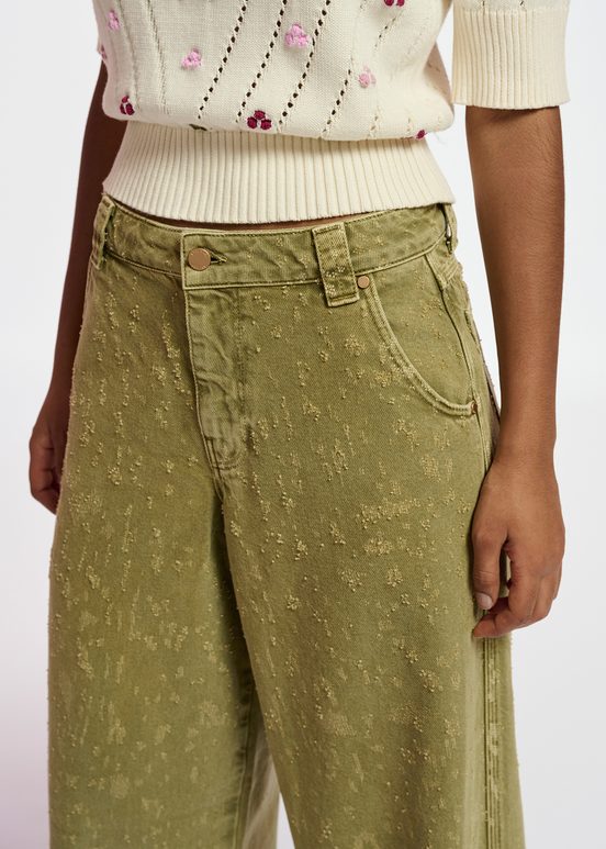 Khaki denim distressed wide-leg jeans