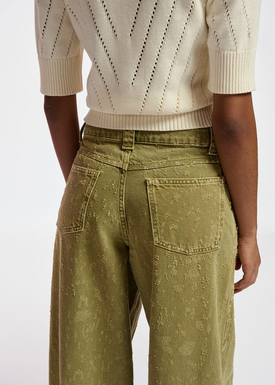 Khaki denim distressed wide-leg jeans