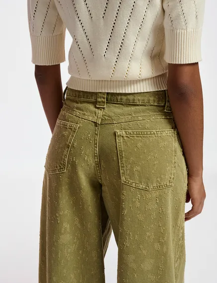 Khaki denim distressed wide-leg jeans