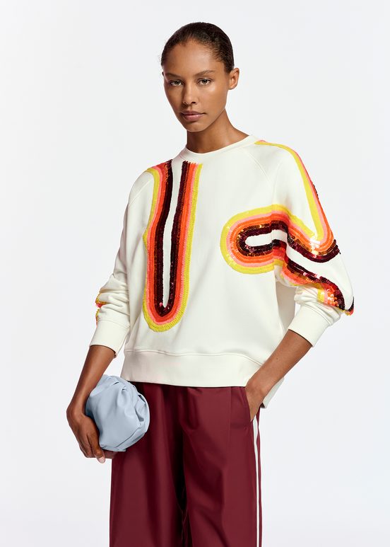 Off-white organic cotton sweatshirt with sequin embroideries