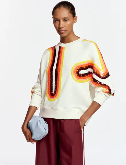 Off-white organic cotton sweatshirt with sequin embroideries