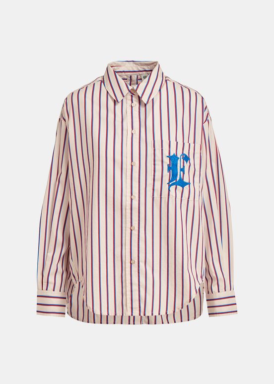 Ecru, burgundy and blue striped cotton shirt with 'E' embroidery