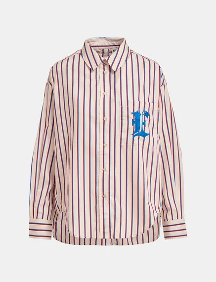 Ecru, burgundy and blue striped cotton shirt with 'E' embroidery