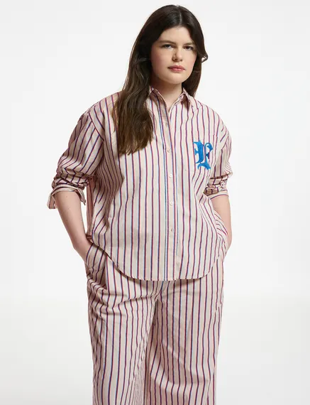 Ecru, burgundy and blue striped cotton shirt with 'E' embroidery