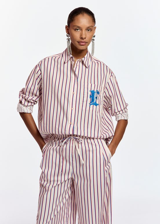 Ecru, burgundy and blue striped cotton shirt with 'E' embroidery