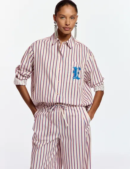 Ecru, burgundy and blue striped cotton shirt with 'E' embroidery