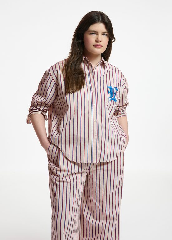 Ecru, burgundy and blue striped cotton shirt with 'E' embroidery