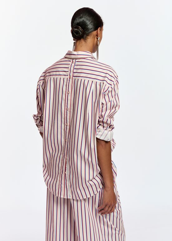 Ecru, burgundy and blue striped cotton shirt with 'E' embroidery