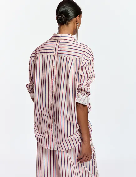 Ecru, burgundy and blue striped cotton shirt with 'E' embroidery