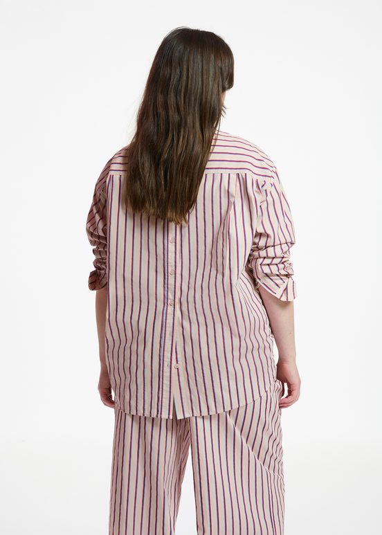 Ecru, burgundy and blue striped cotton shirt with 'E' embroidery