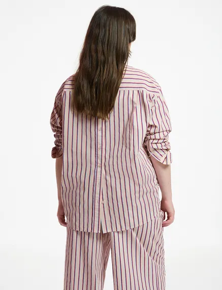 Ecru, burgundy and blue striped cotton shirt with 'E' embroidery