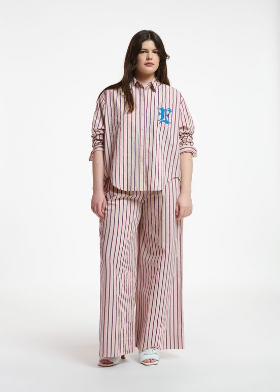 Ecru, burgundy and blue striped cotton shirt with 'E' embroidery