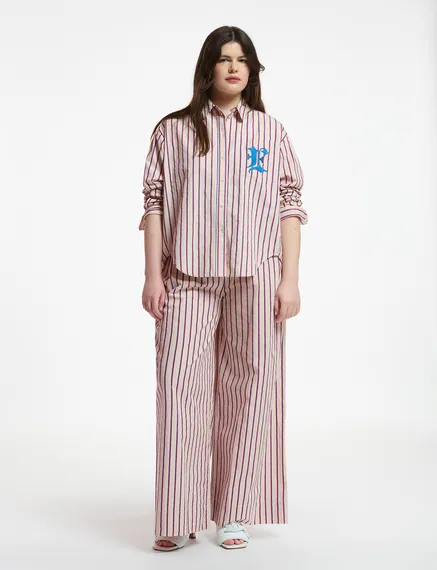 Ecru, burgundy and blue striped cotton shirt with 'E' embroidery