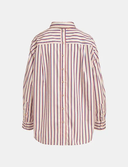 Ecru, burgundy and blue striped cotton shirt with 'E' embroidery