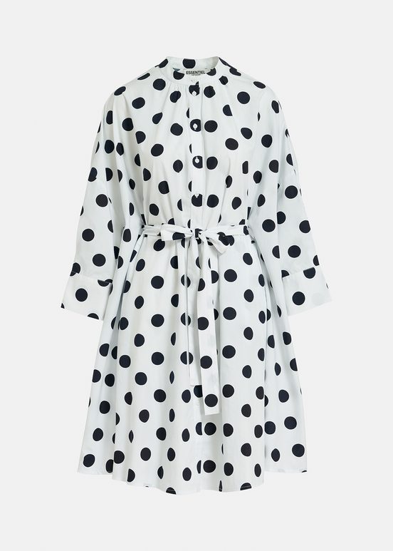 White and black polka-dot knee-length shirt dress