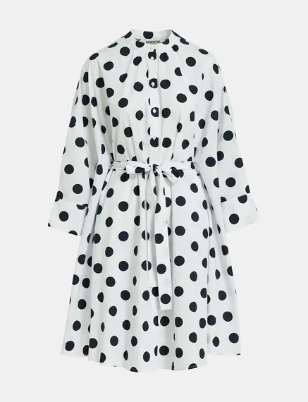 White and black polka-dot knee-length shirt dress