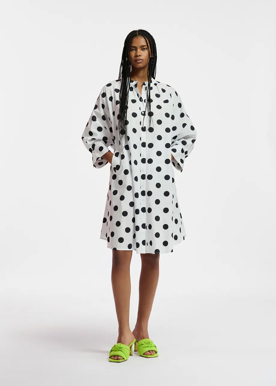 White and black polka-dot knee-length shirt dress