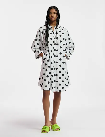 White and black polka-dot knee-length shirt dress