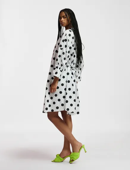 White and black polka-dot knee-length shirt dress