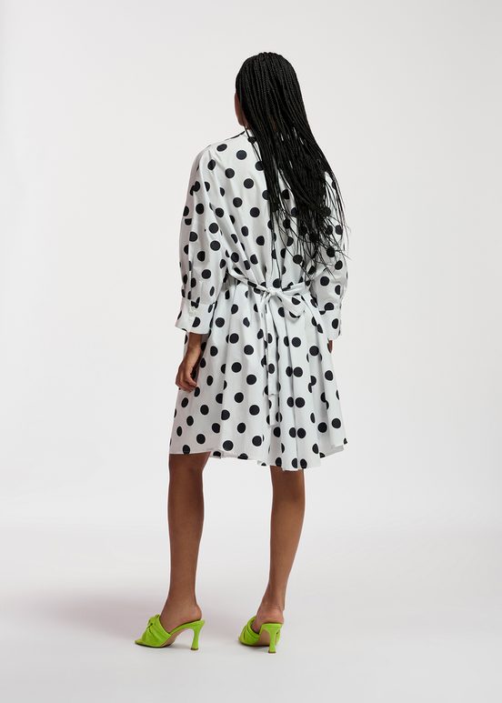 White and black polka-dot knee-length shirt dress