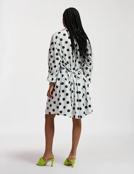 White and black polka-dot knee-length shirt dress