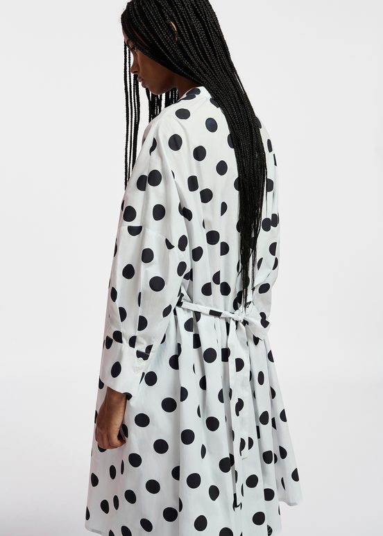 White and black polka-dot knee-length shirt dress