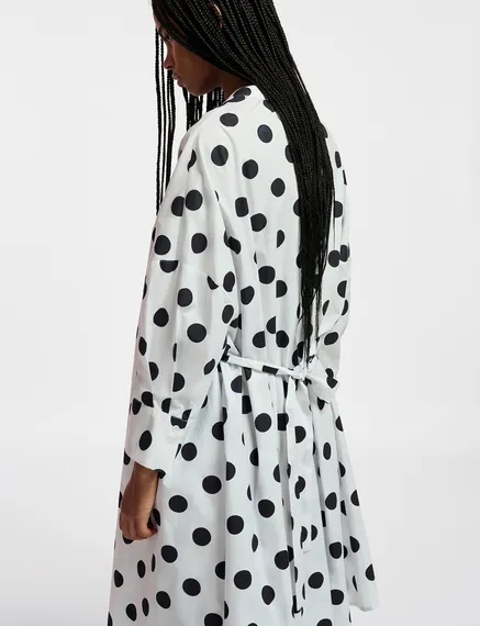 White and black polka-dot knee-length shirt dress