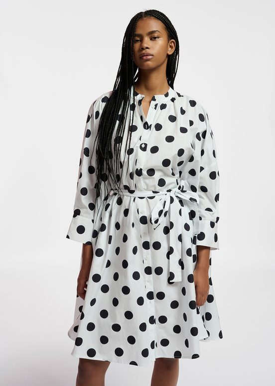 White and black polka-dot knee-length shirt dress