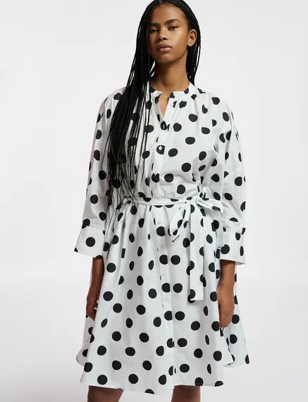 White and black polka-dot knee-length shirt dress