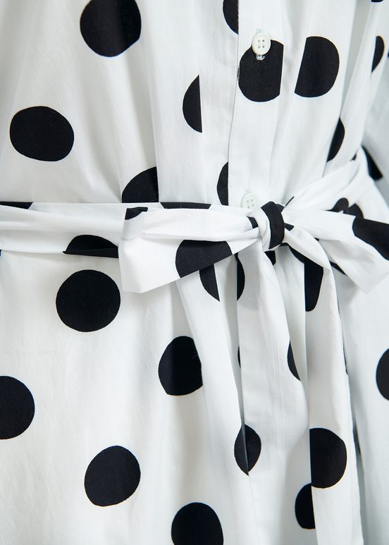 White and black polka-dot knee-length shirt dress