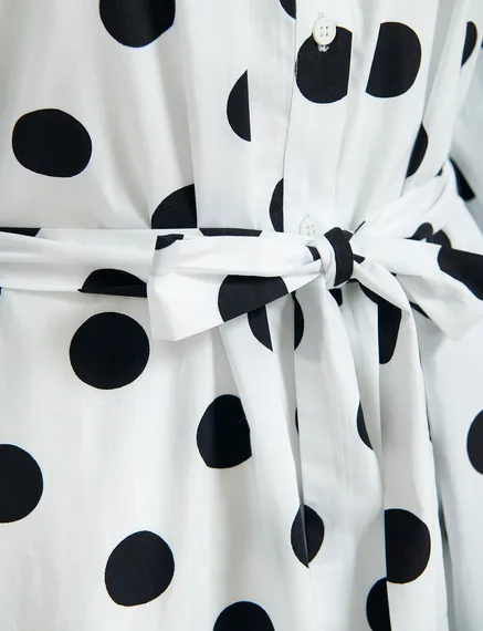 White and black polka-dot knee-length shirt dress