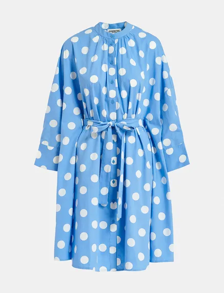 Blue and white polka-dot knee-length shirt dress