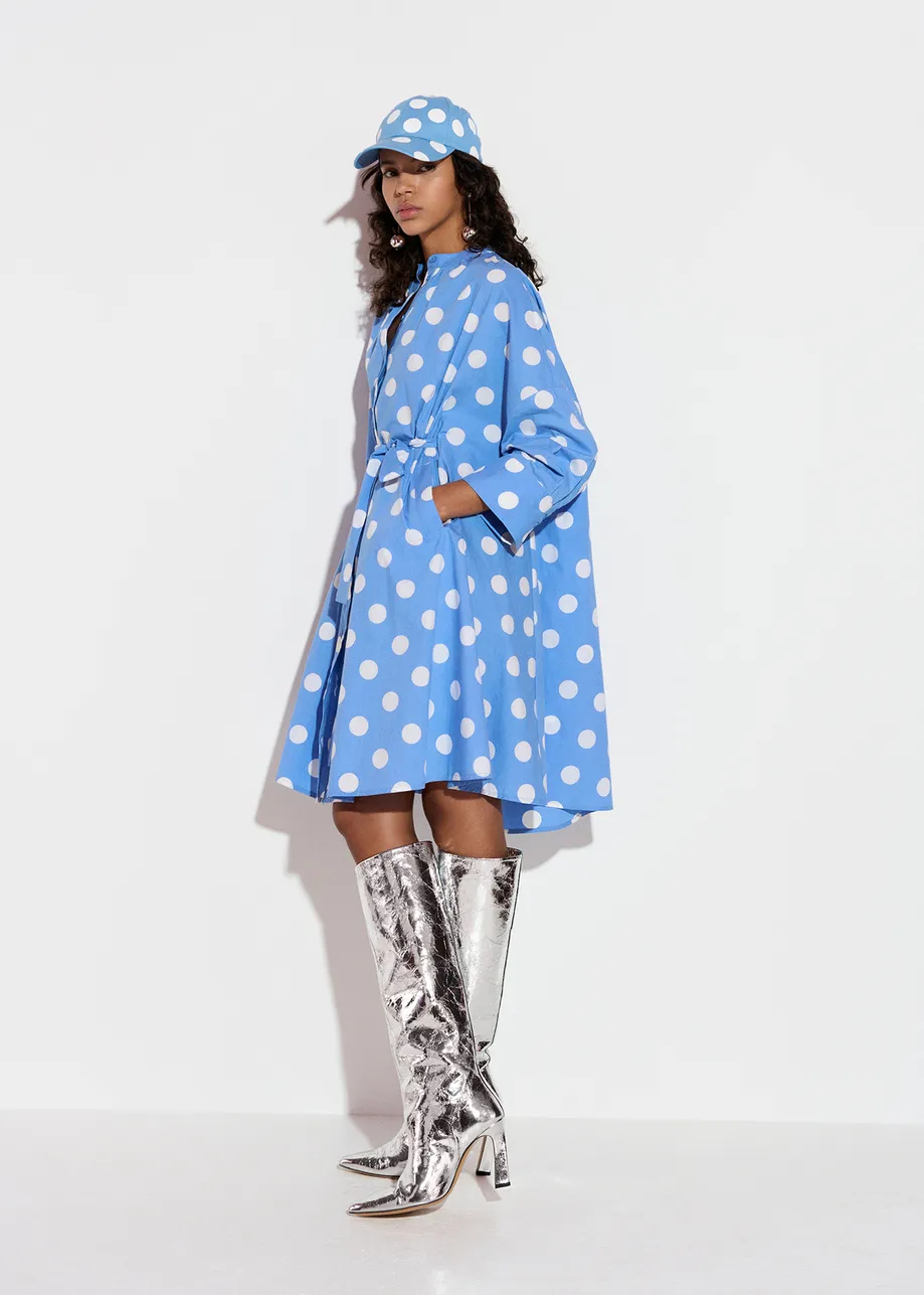 Blue and white polka-dot knee-length shirt dress