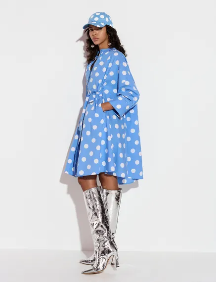 Blue and white polka-dot knee-length shirt dress