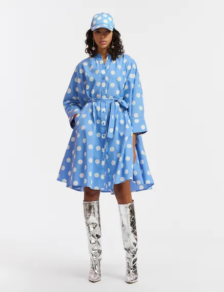 Blue and white polka-dot knee-length shirt dress