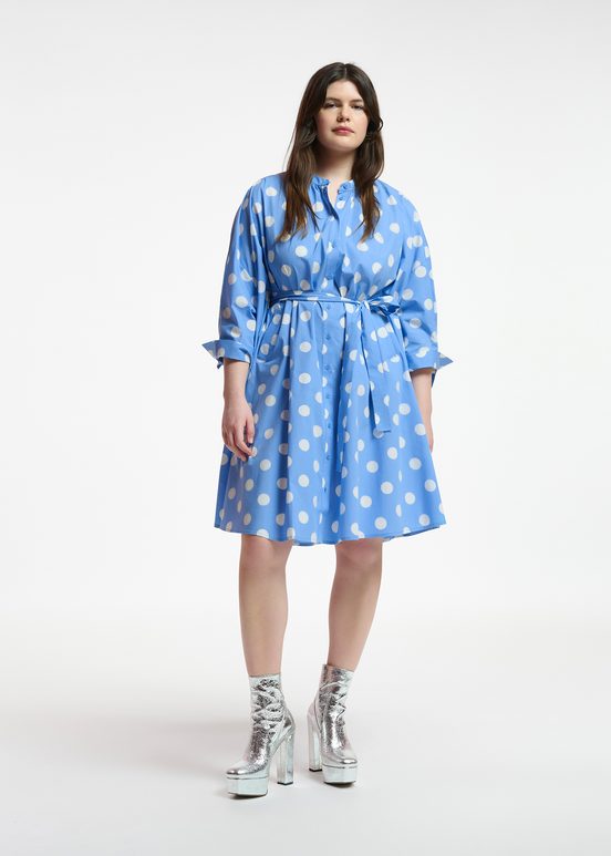 Blue and white polka-dot knee-length shirt dress