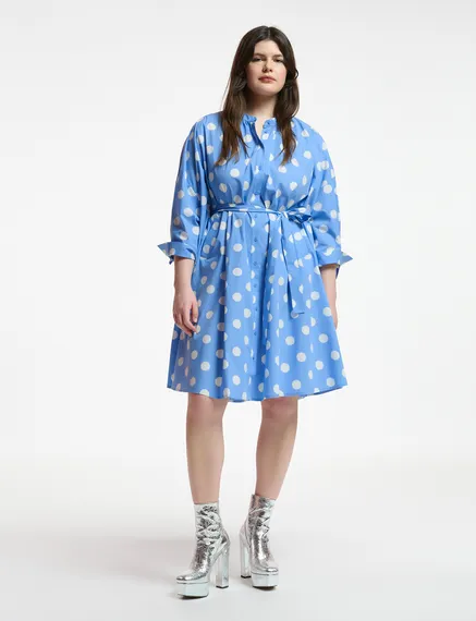 Blue and white polka-dot knee-length shirt dress