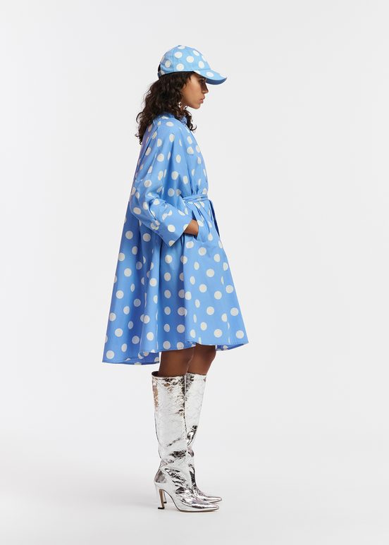 Blue and white polka-dot knee-length shirt dress