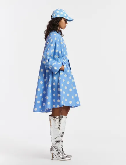 Blue and white polka-dot knee-length shirt dress