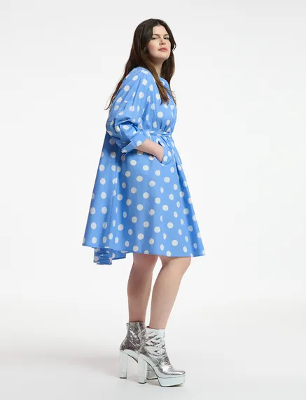 Blue and white polka-dot knee-length shirt dress