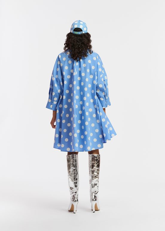 Blue and white polka-dot knee-length shirt dress