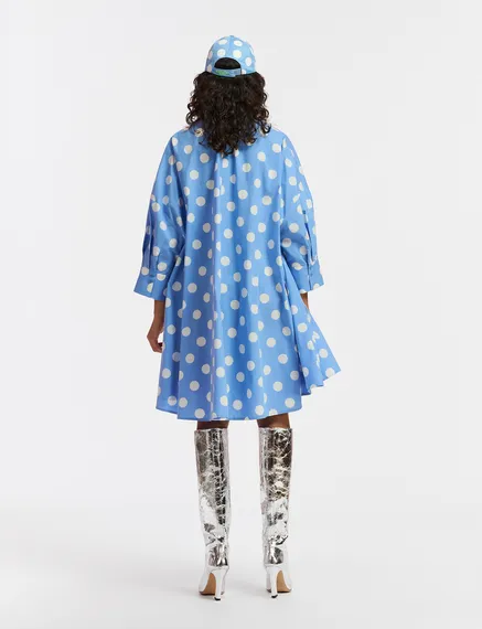 Blue and white polka-dot knee-length shirt dress