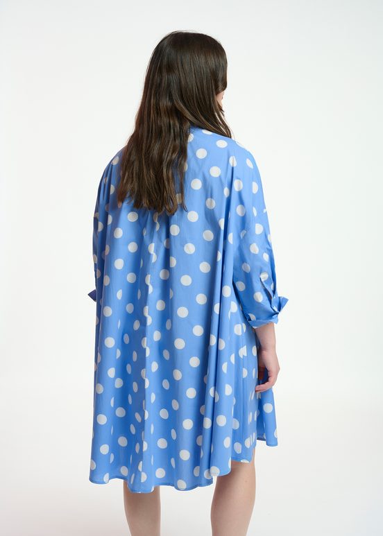 Blue and white polka-dot knee-length shirt dress