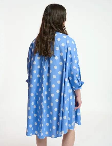 Blue and white polka-dot knee-length shirt dress