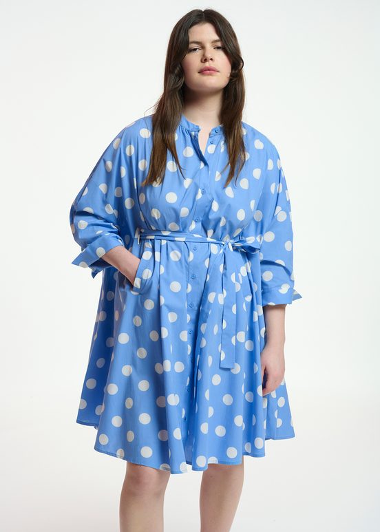 Blue and white polka-dot knee-length shirt dress