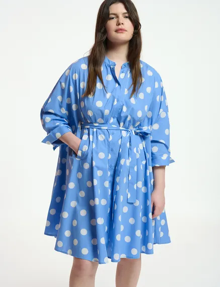 Blue and white polka-dot knee-length shirt dress