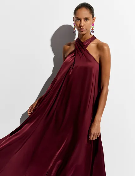 Burgundy halter neck maxi-length dress